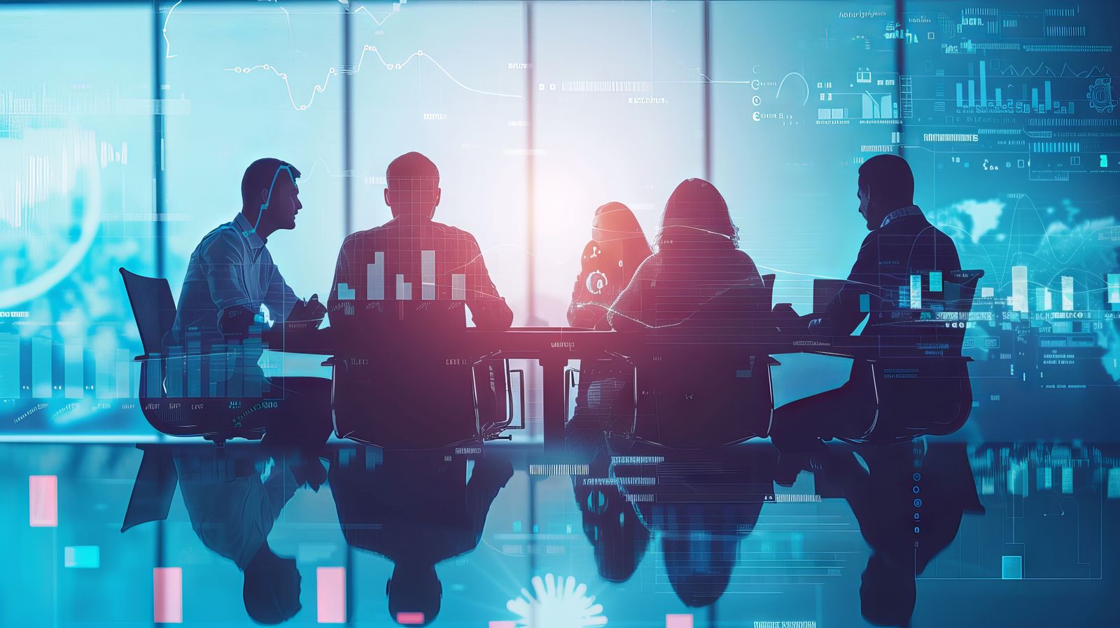 A leadership team meeting around a conference table, with charts and data overlaid on the windows behind them.